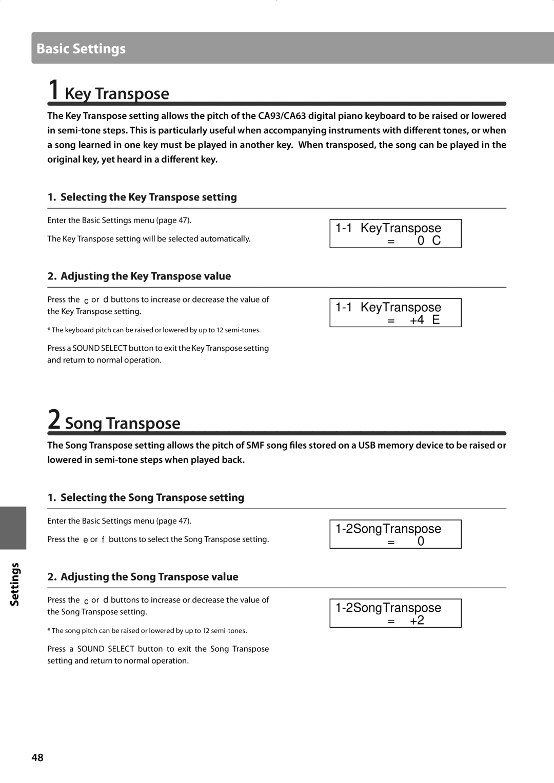 Kawai CA63, CA93 manual Key Transpose, Song Transpose, KeyTranspose = +4 E, 2SongTranspose 