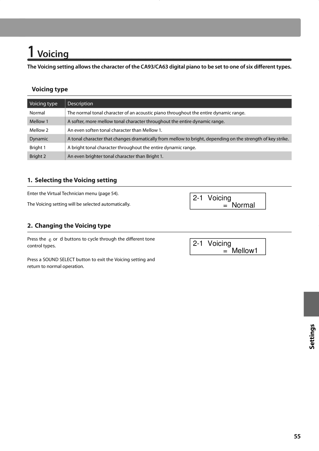 Kawai CA93, CA63 manual Voicing = Mellow1, „ Voicing type, Selecting the Voicing setting, Changing the Voicing type 