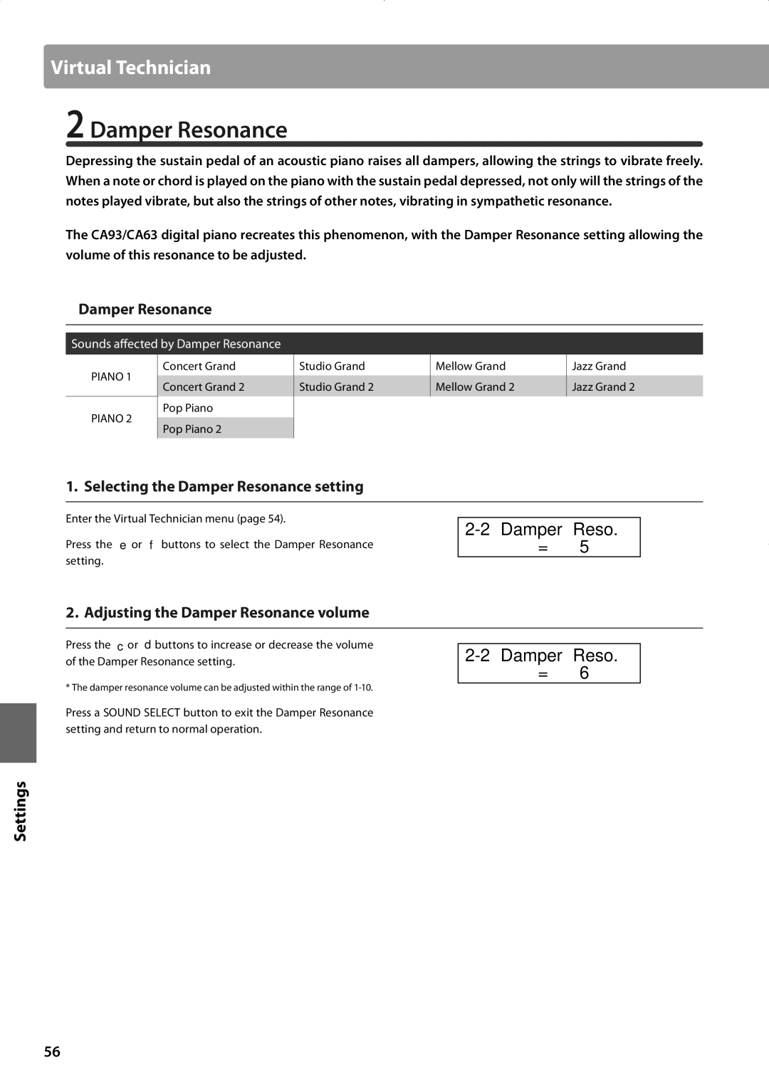 Kawai CA63, CA93 „ Damper Resonance, Selecting the Damper Resonance setting, Adjusting the Damper Resonance volume 
