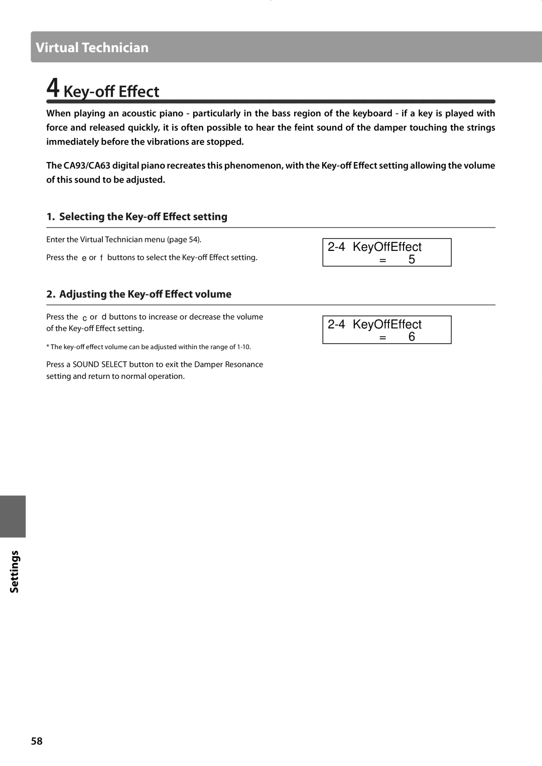 Kawai CA63, CA93 manual KeyOffEffect, Selecting the Key-off Effect setting, Adjusting the Key-off Effect volume 