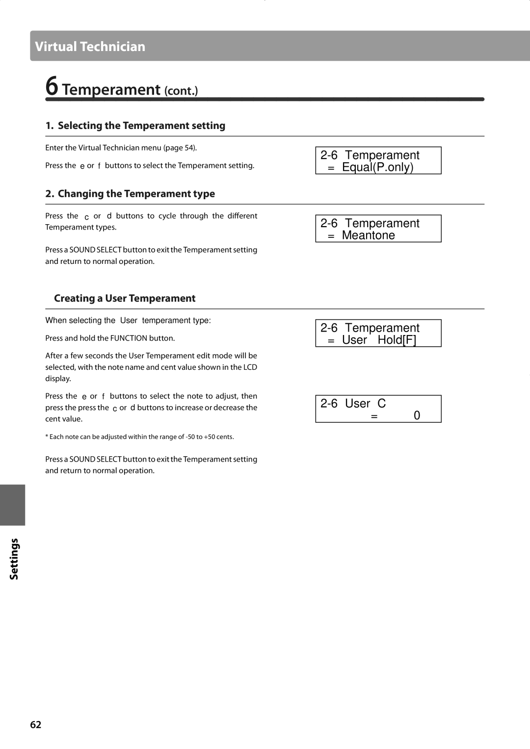 Kawai CA63, CA93 manual Temperament = EqualP.only, Temperament = Meantone, Temperament = User ≥HoldF, User C 