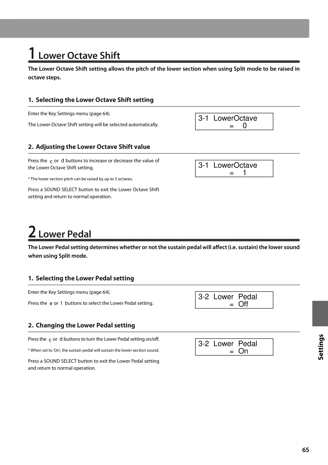Kawai CA93, CA63 manual Lower Octave Shift, Lower Pedal, LowerOctave 
