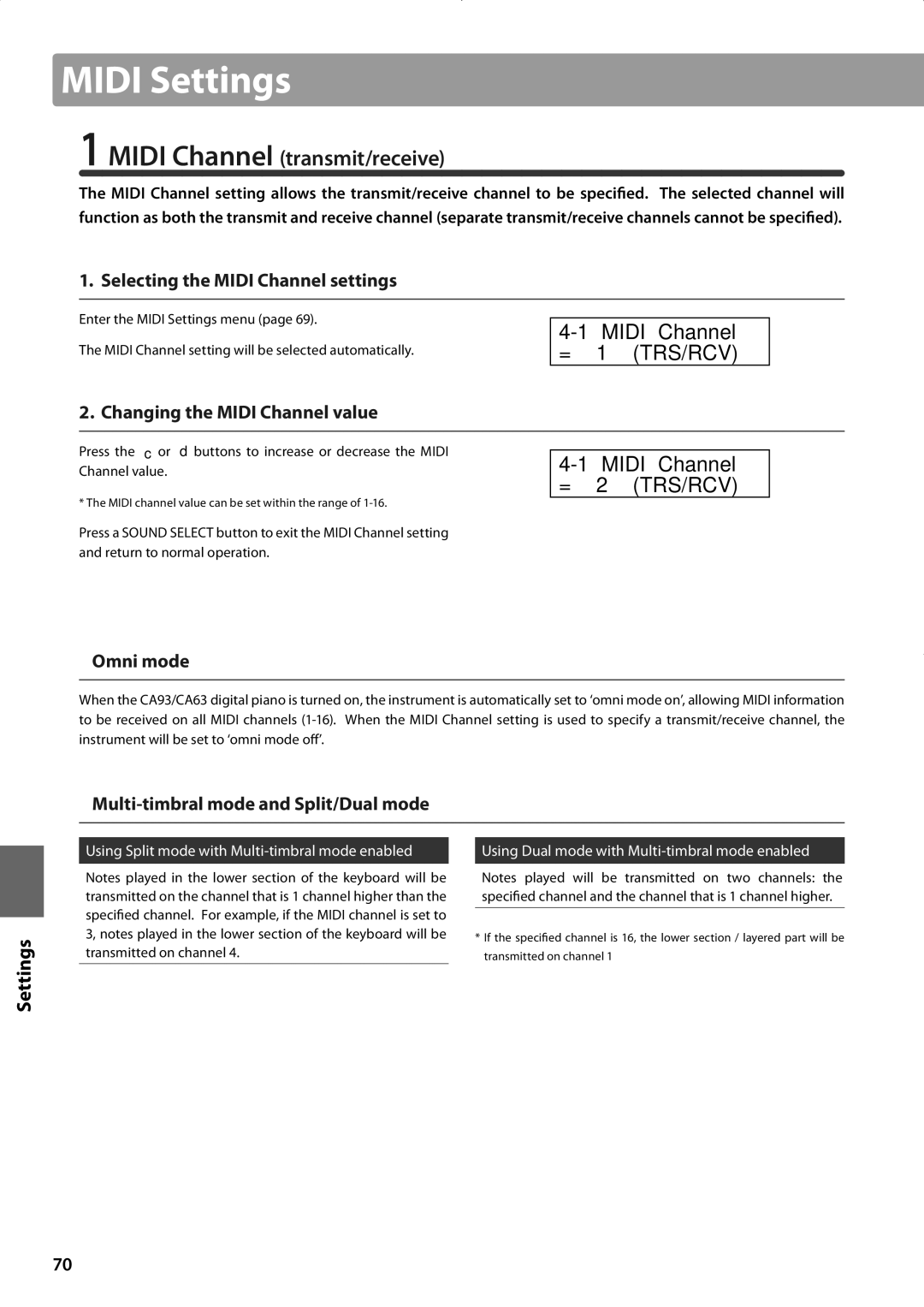 Kawai CA63, CA93 manual Midi Settings, = 1 TRS/RCV, Midi Channel = 2 TRS/RCV 