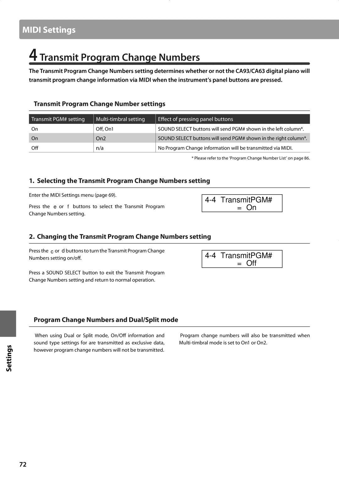 Kawai CA63, CA93 manual Transmit Program Change Numbers, TransmitPGM# 