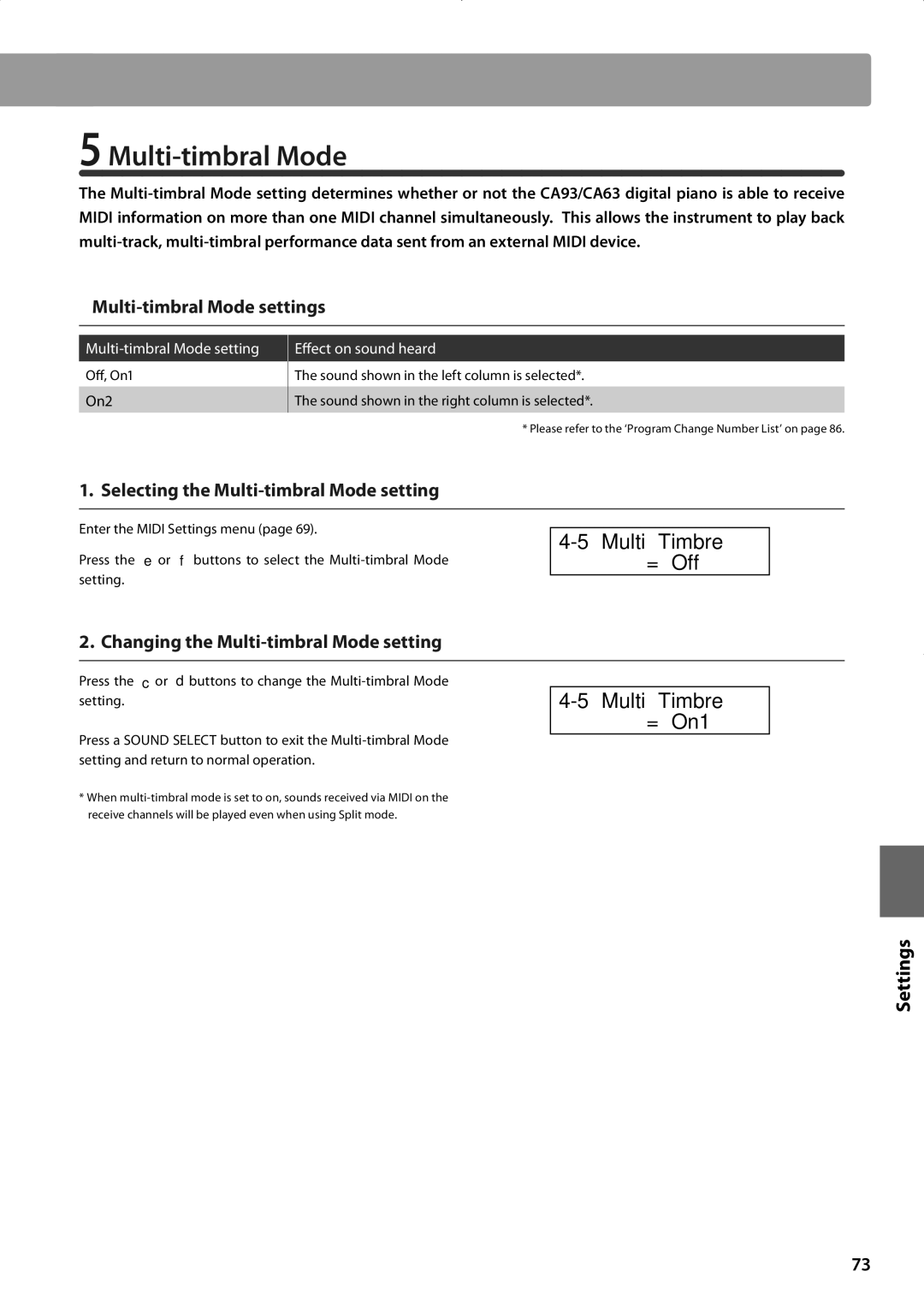 Kawai CA93, CA63 manual Multi-timbral Mode, Multi Timbre = Off, Multi Timbre = On1 