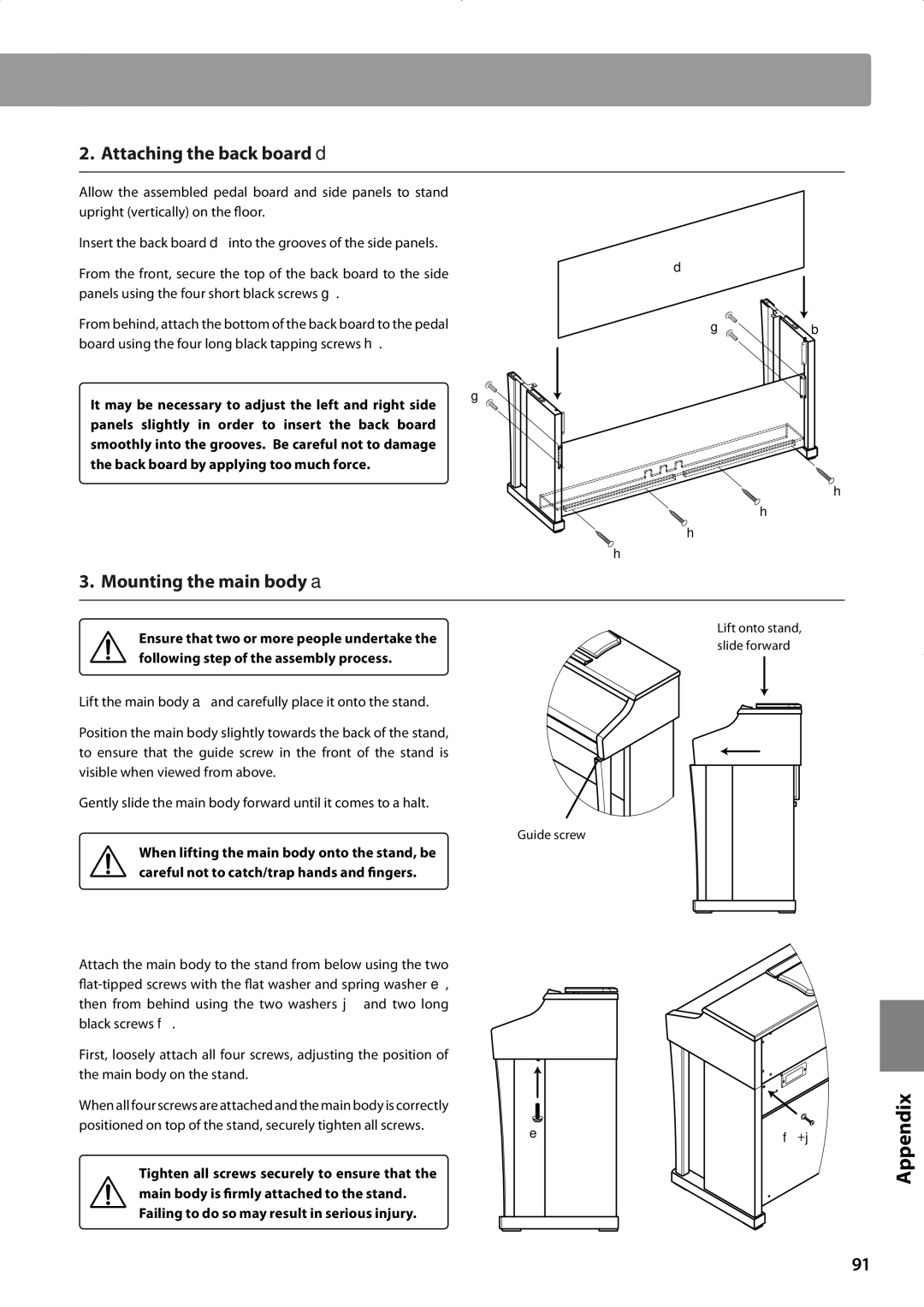 Kawai CA93, CA63 manual Attaching the back board d, Mounting the main body a 