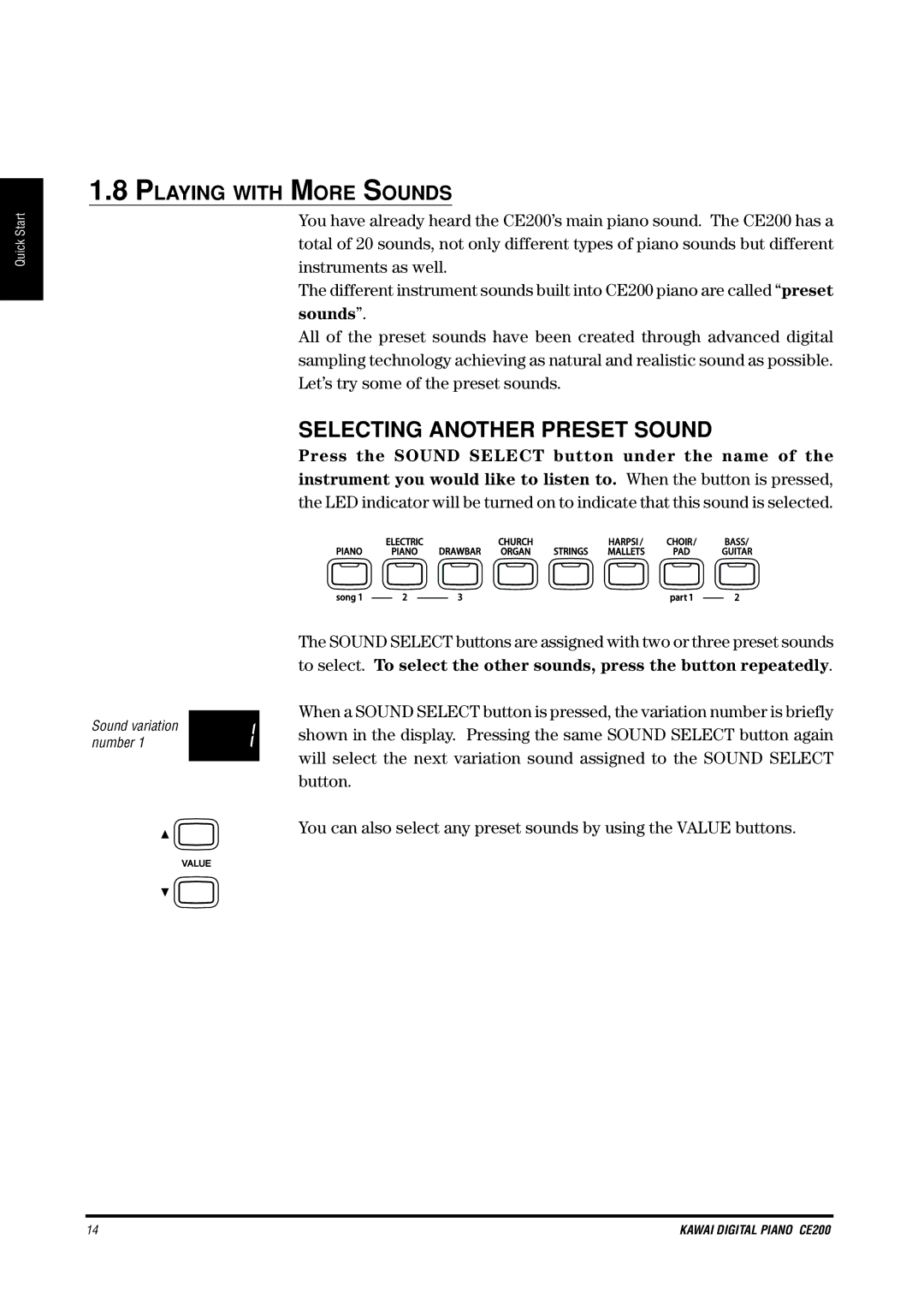 Kawai CE200 manual Selecting Another Preset Sound, Playing with More Sounds, Press the Sound Select button under the name 