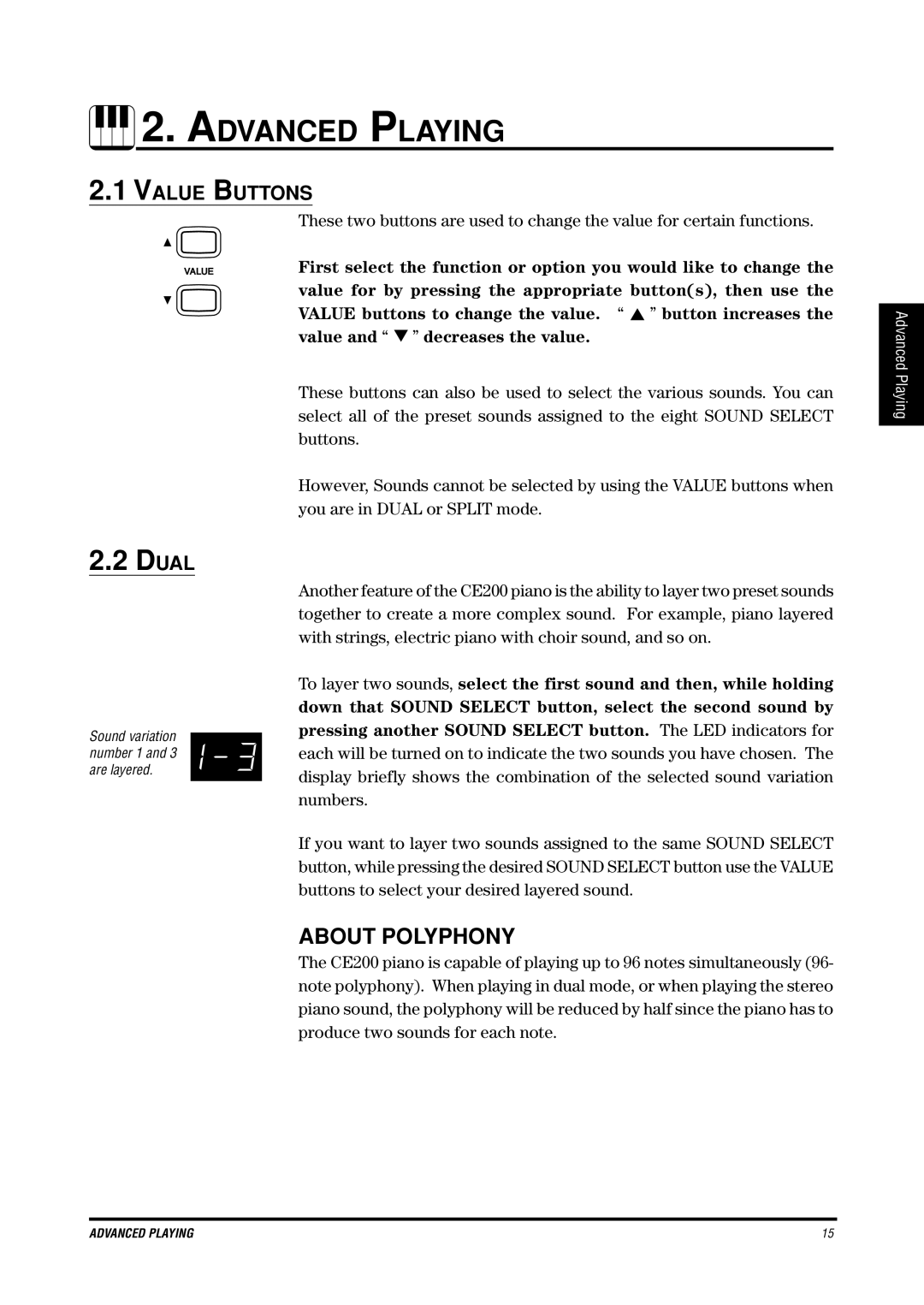 Kawai CE200 manual About Polyphony, Value Buttons 