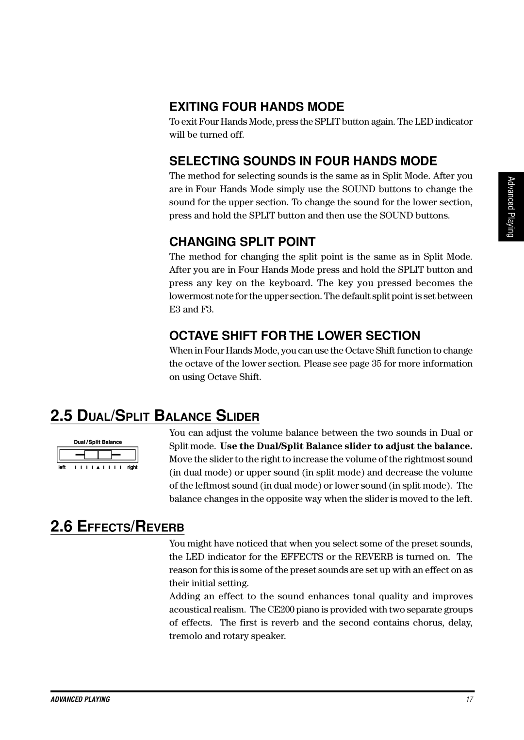 Kawai CE200 manual Exiting Four Hands Mode, Selecting Sounds in Four Hands Mode, Changing Split Point 