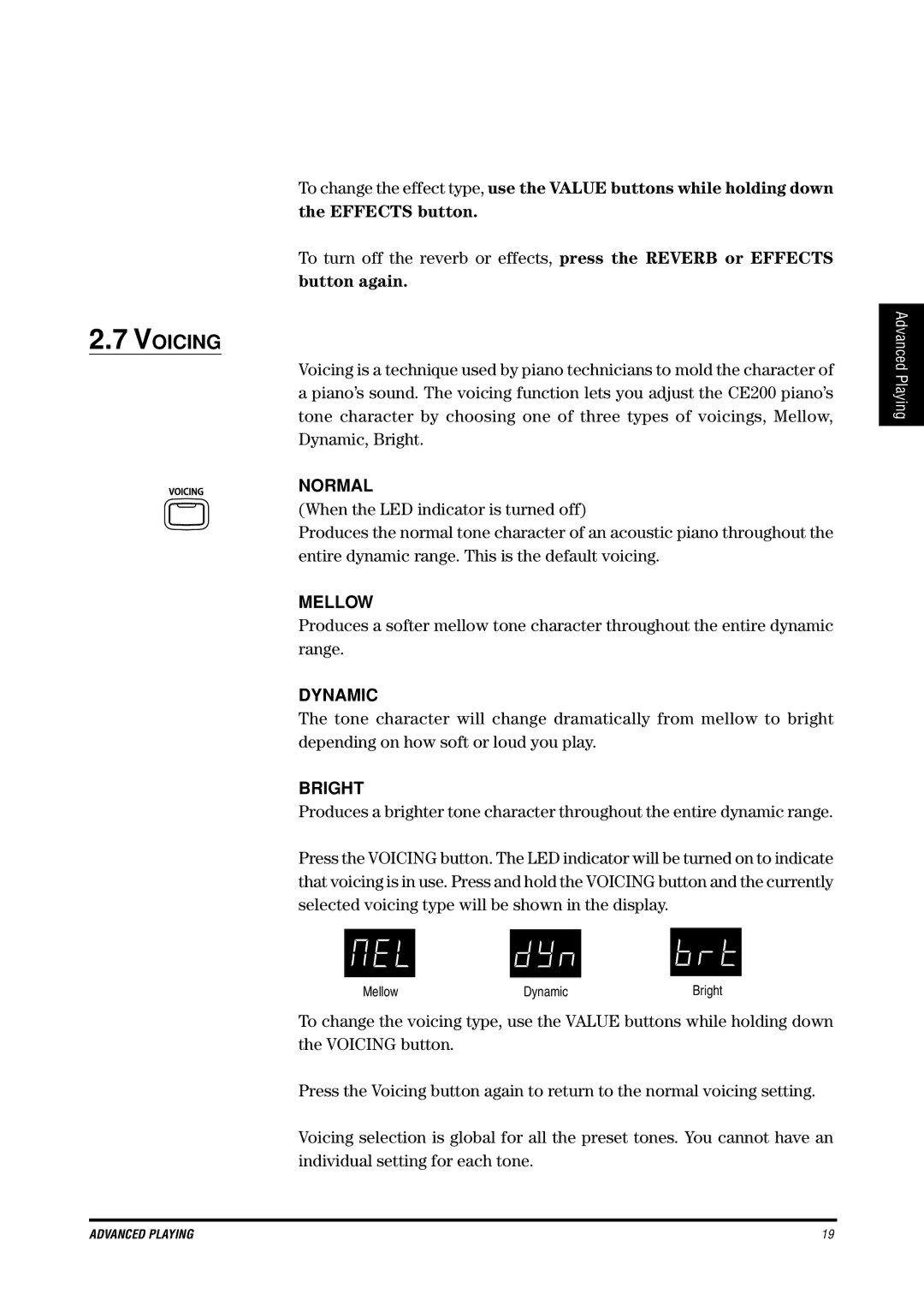 Kawai CE200 manual Voicing, Normal, Mellow, Dynamic, Bright 