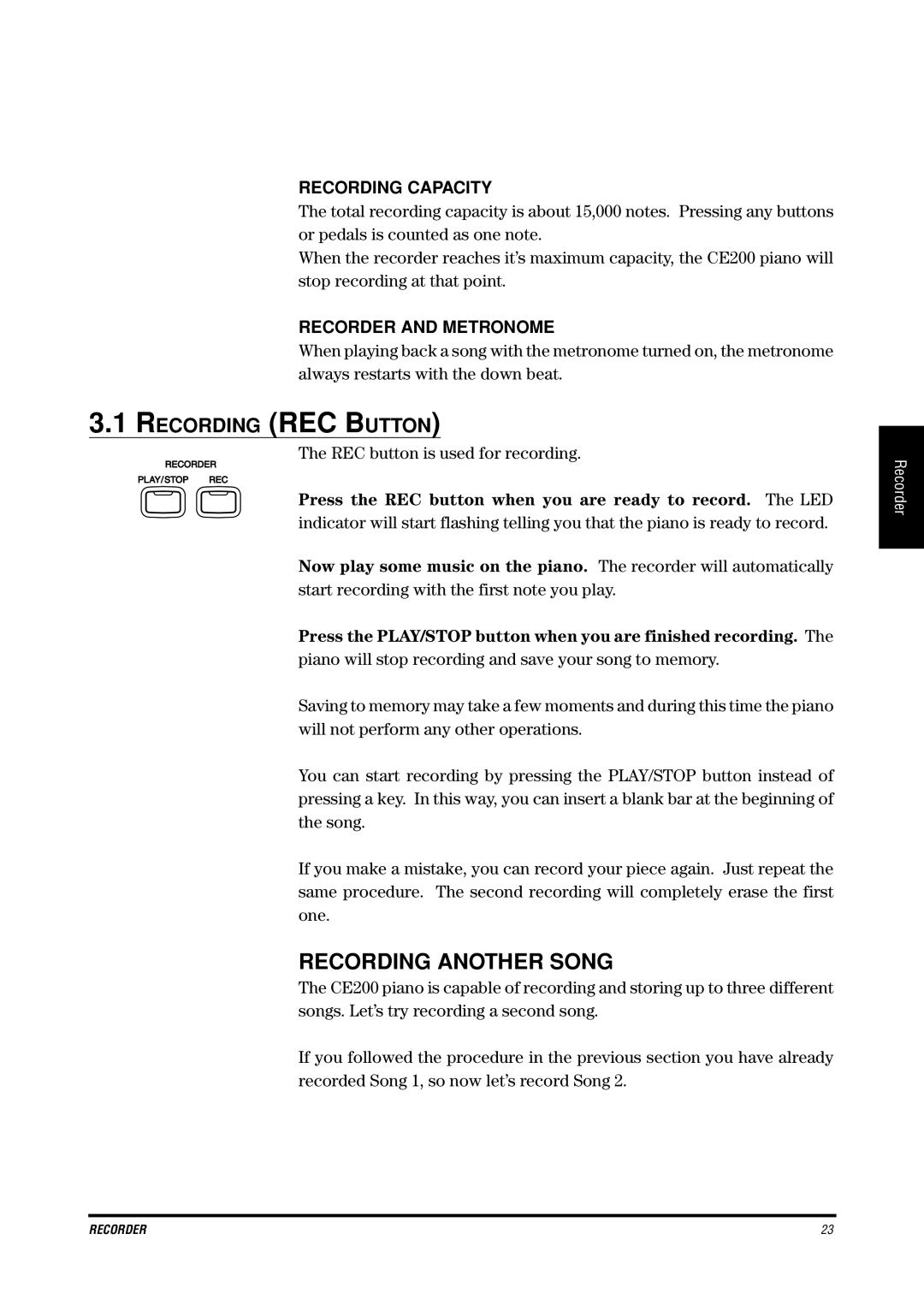 Kawai CE200 manual Recording Another Song, Recording REC Button, Recording Capacity, Recorder and Metronome 