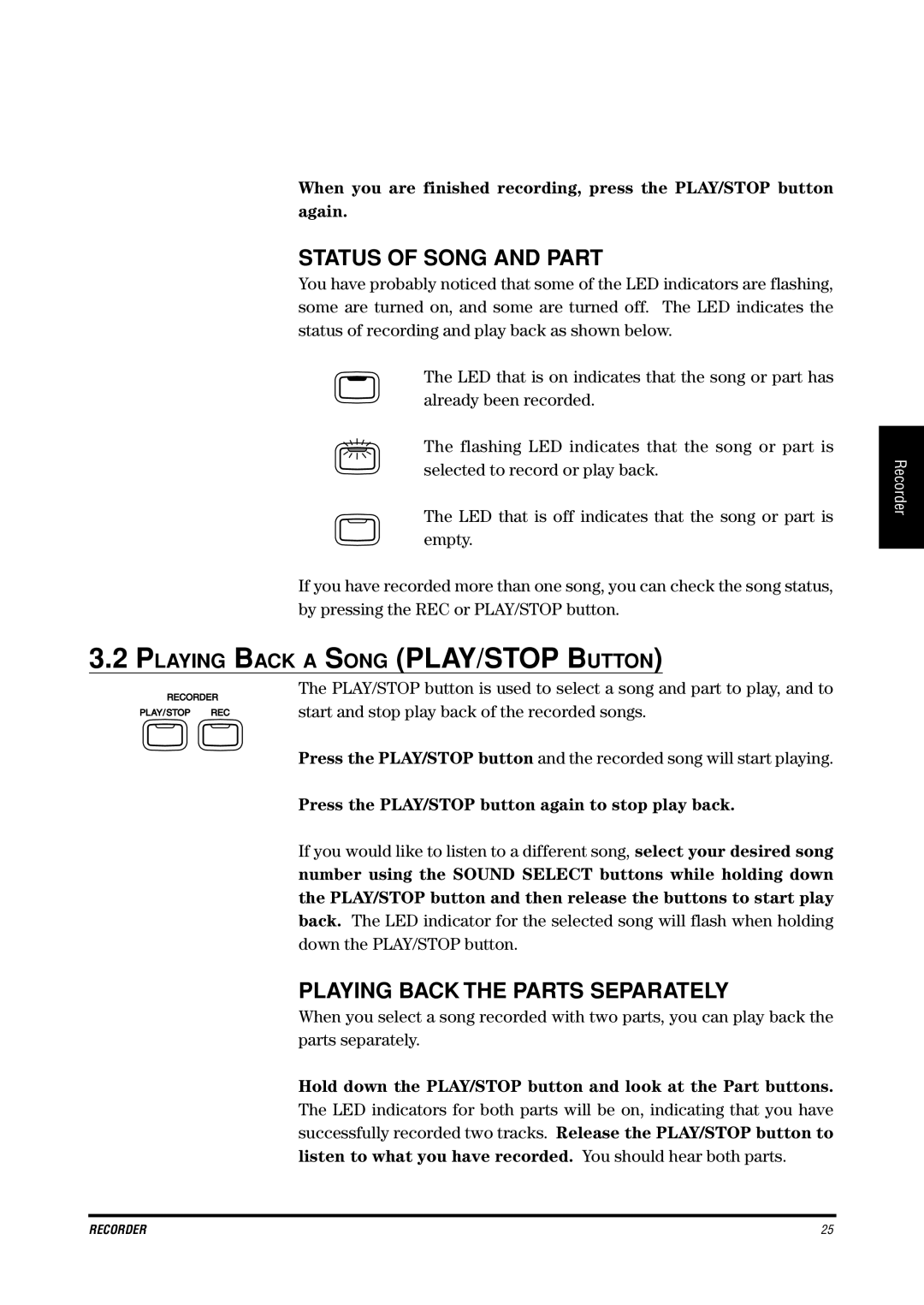 Kawai CE200 manual Status of Song and Part, Playing Back the Parts Separately, Playing Back a Song PLAY/STOP Button 