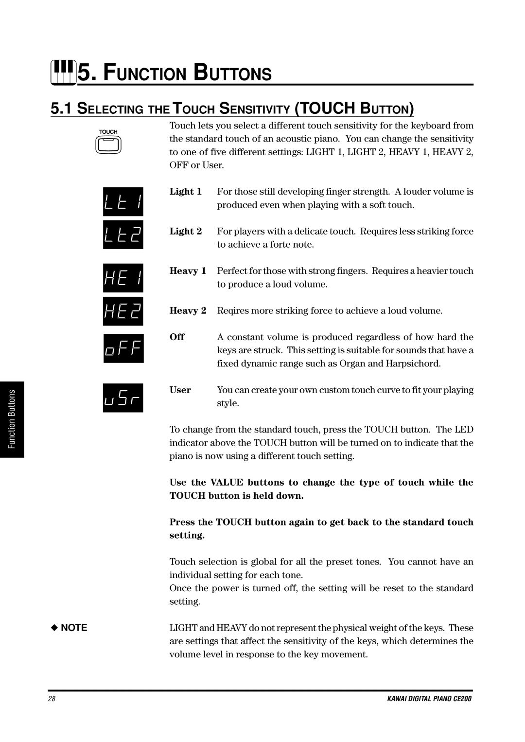 Kawai CE200 manual Selecting the Touch Sensitivity Touch Button 