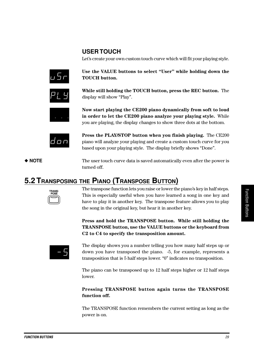 Kawai CE200 manual User Touch, Transposing the Piano Transpose Button 