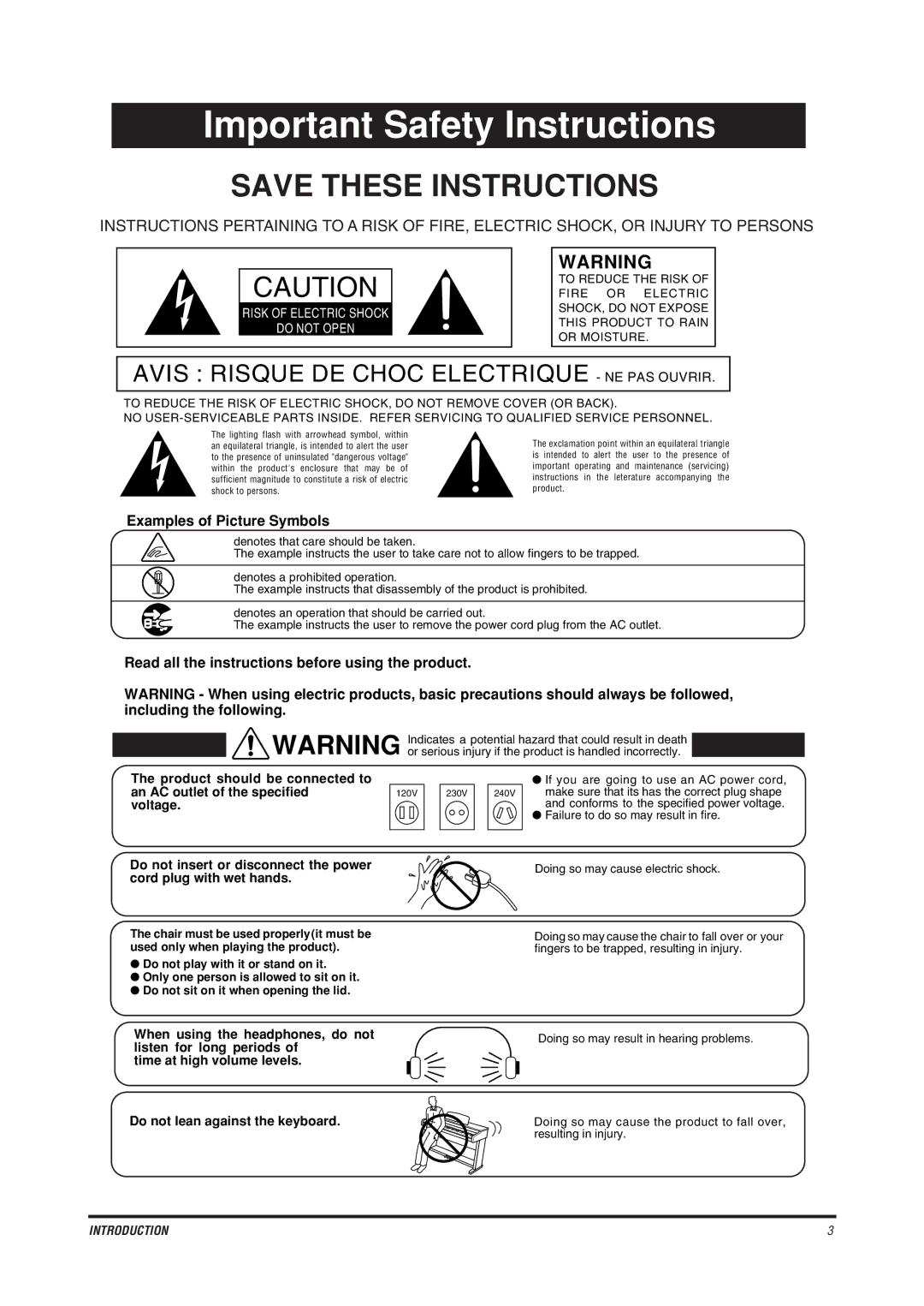 Kawai CE200 manual Important Safety Instructions 