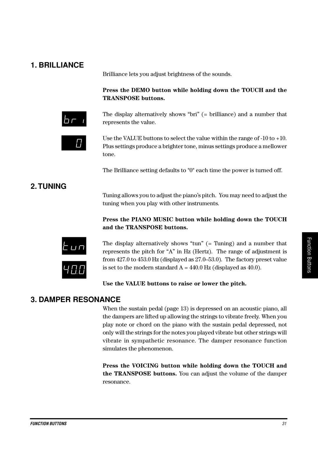Kawai CE200 manual Brilliance, Tuning, Damper Resonance, Use the Value buttons to raise or lower the pitch 