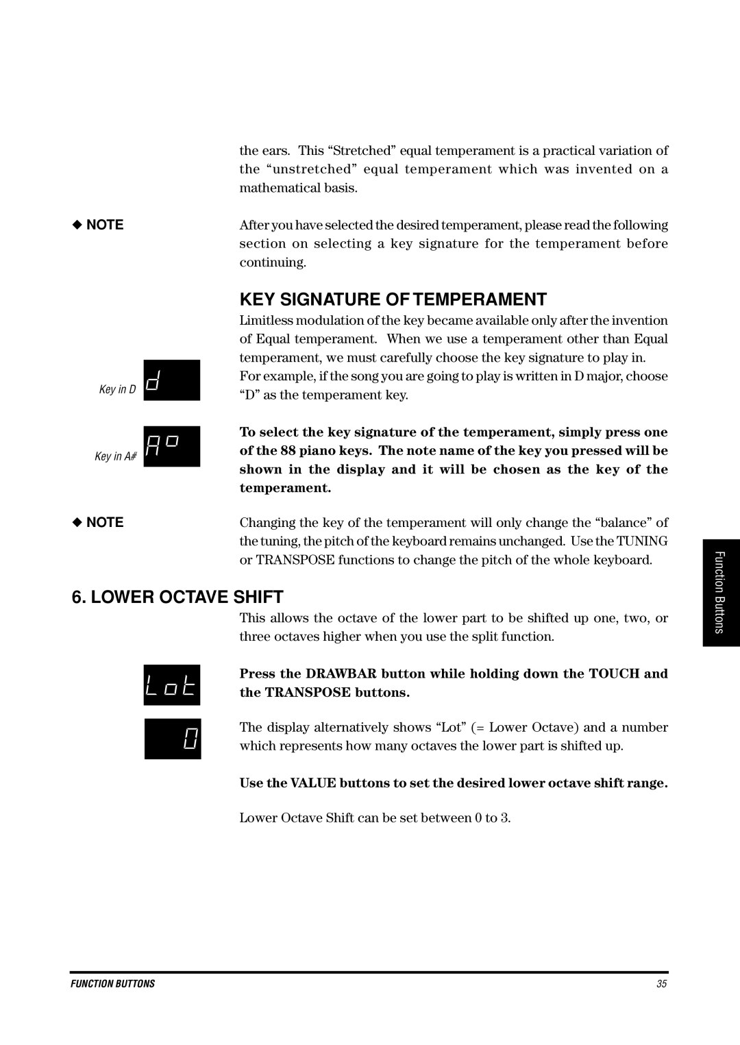 Kawai CE200 manual KEY Signature of Temperament, Lower Octave Shift 