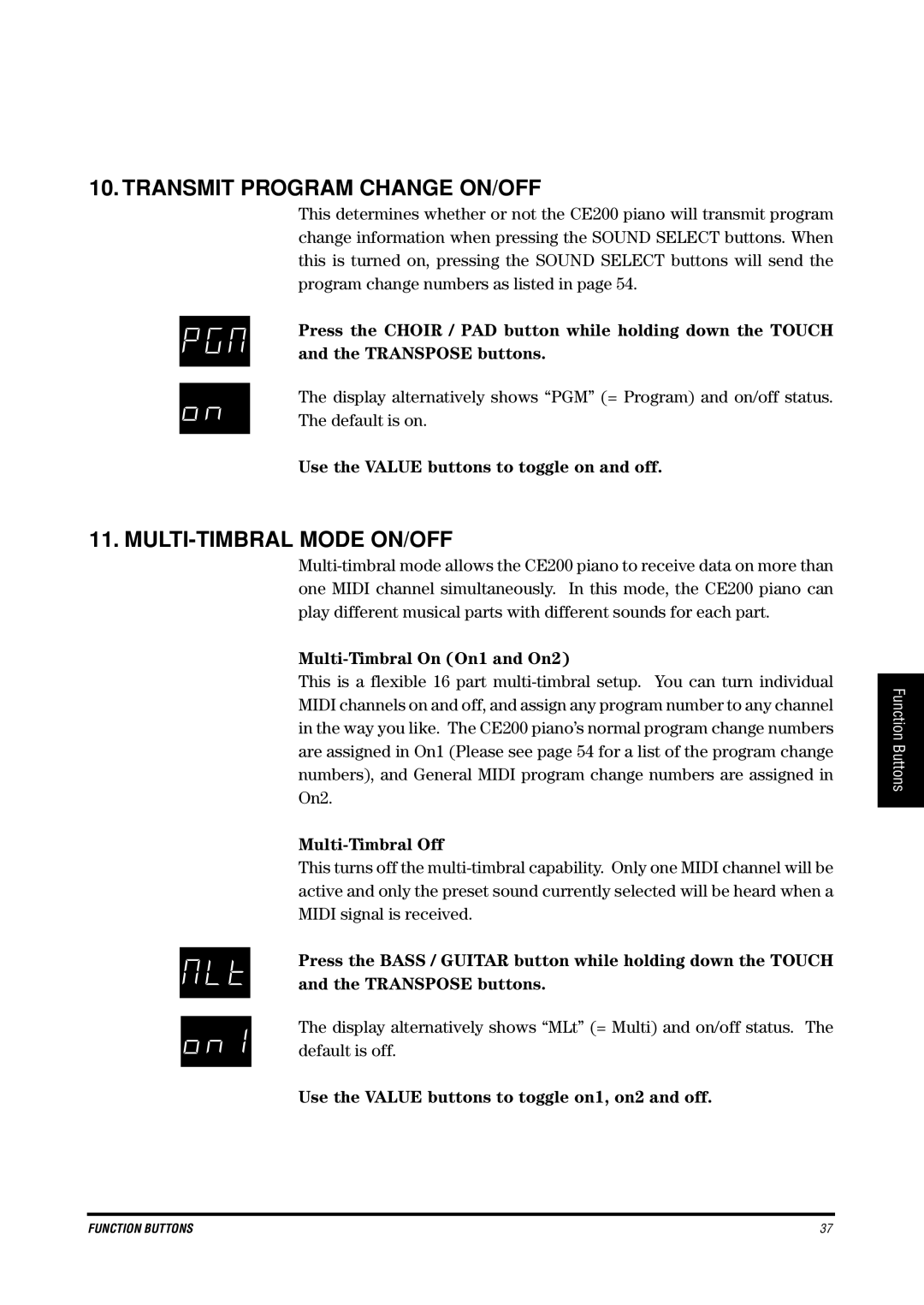 Kawai CE200 Transmit Program Change ON/OFF, MULTI-TIMBRAL Mode ON/OFF, Multi-Timbral On On1 and On2, Multi-Timbral Off 