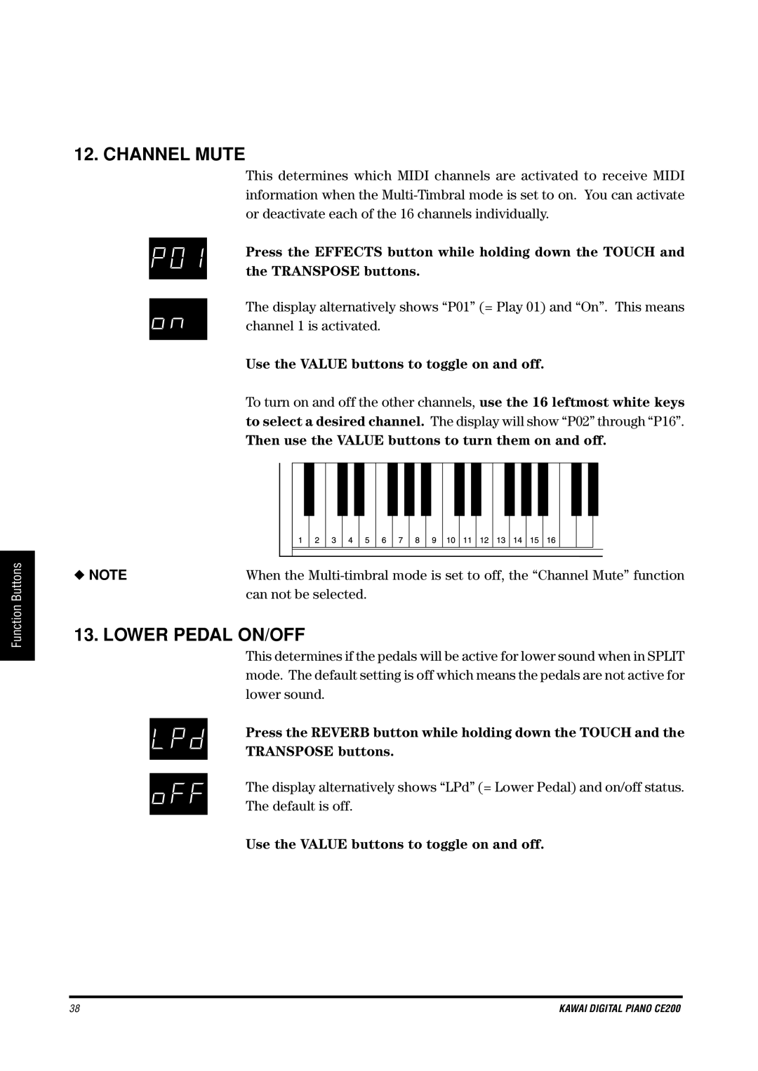 Kawai CE200 Channel Mute, Lower Pedal ON/OFF, Then use the Value buttons to turn them on and off, Can not be selected 