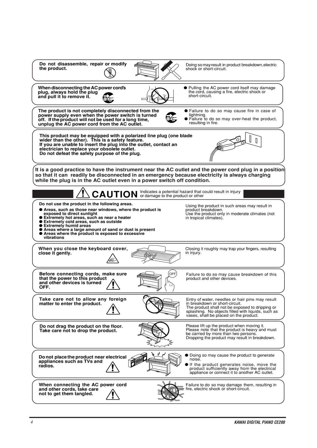 Kawai CE200 manual Indicates a potential hazard that could result in injury 