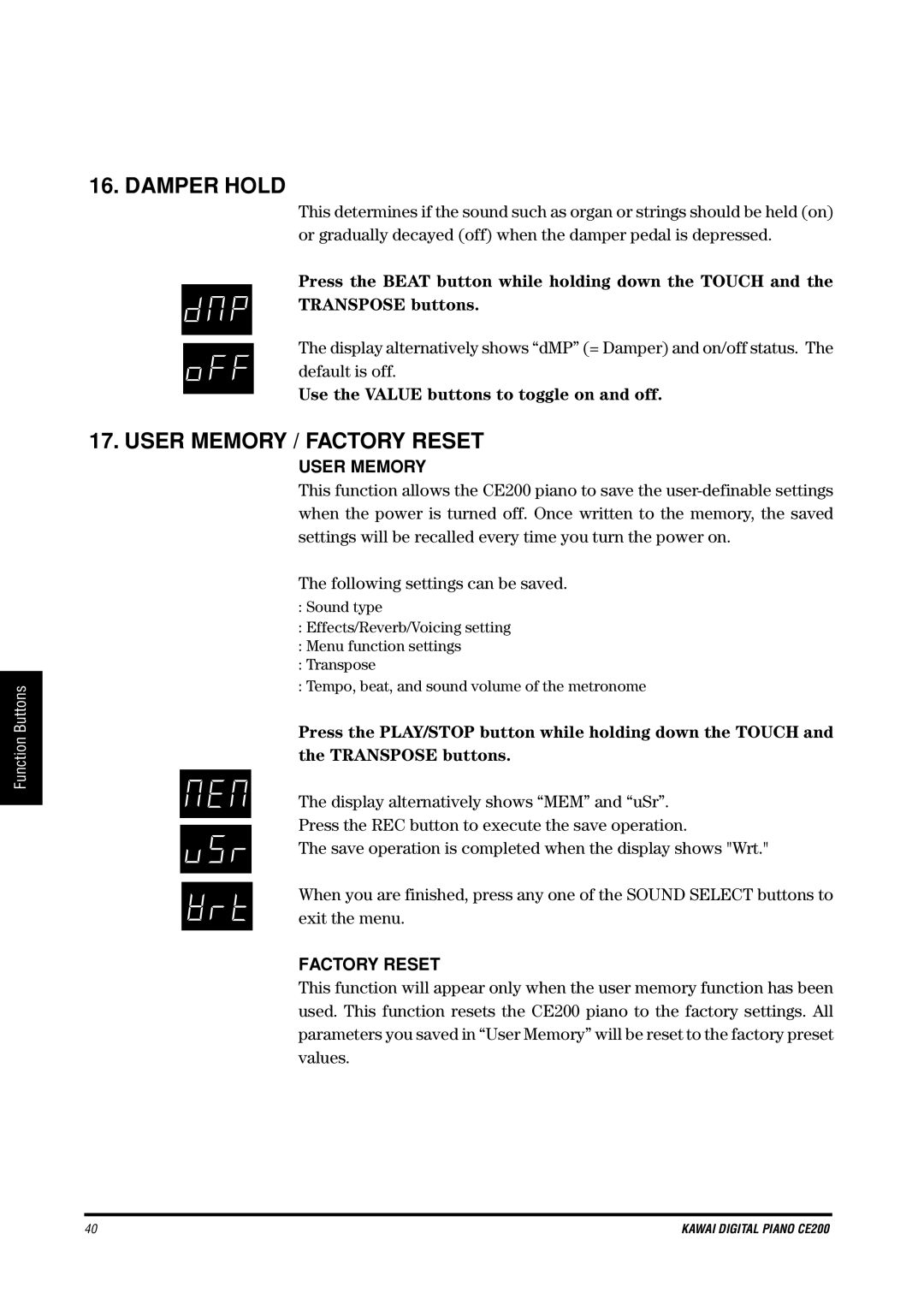 Kawai CE200 manual Damper Hold, User Memory / Factory Reset, Following settings can be saved 