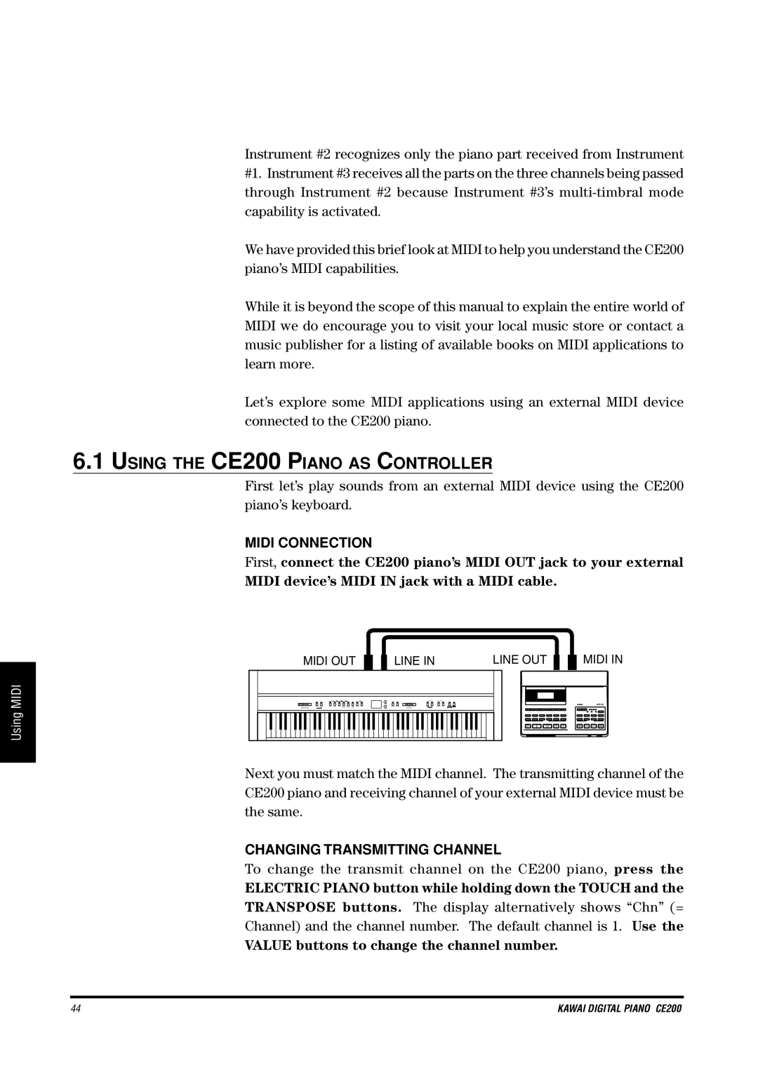 Kawai manual Using the CE200 Piano AS Controller, Midi Connection, Changing Transmitting Channel 