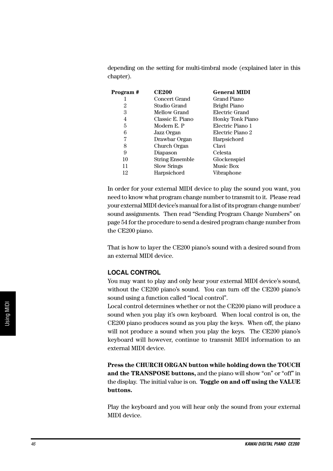 Kawai CE200 manual Local Control, Buttons 