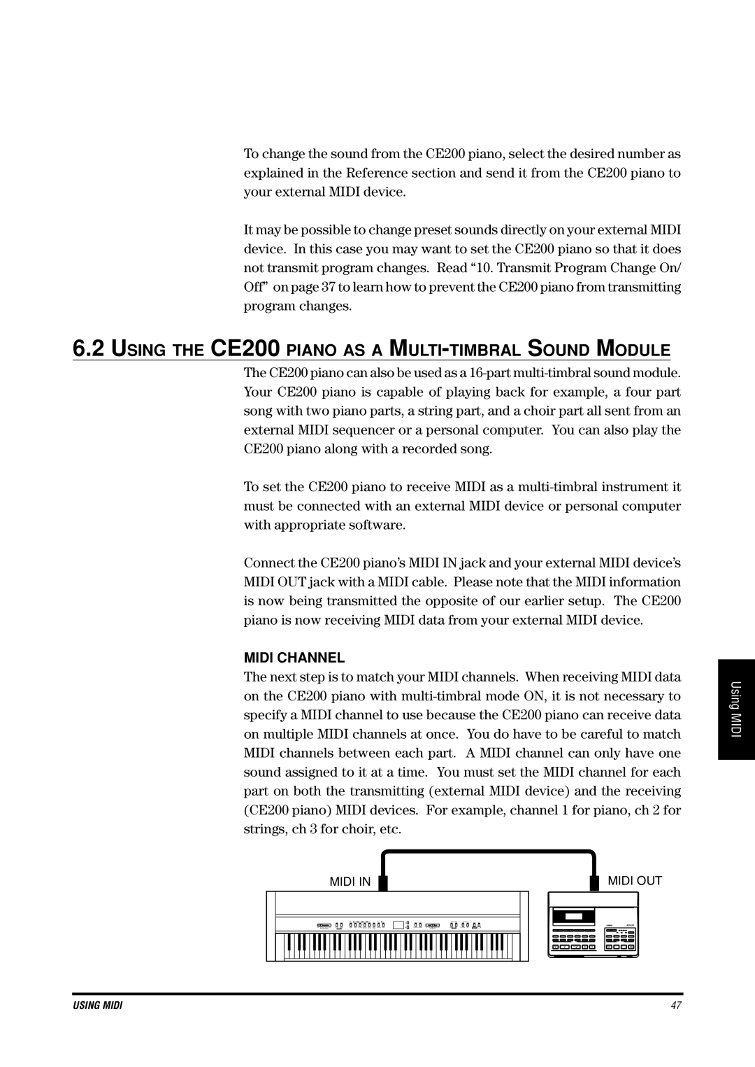 Kawai manual Using the CE200 Piano AS a MULTI-TIMBRAL Sound Module, Midi Channel 