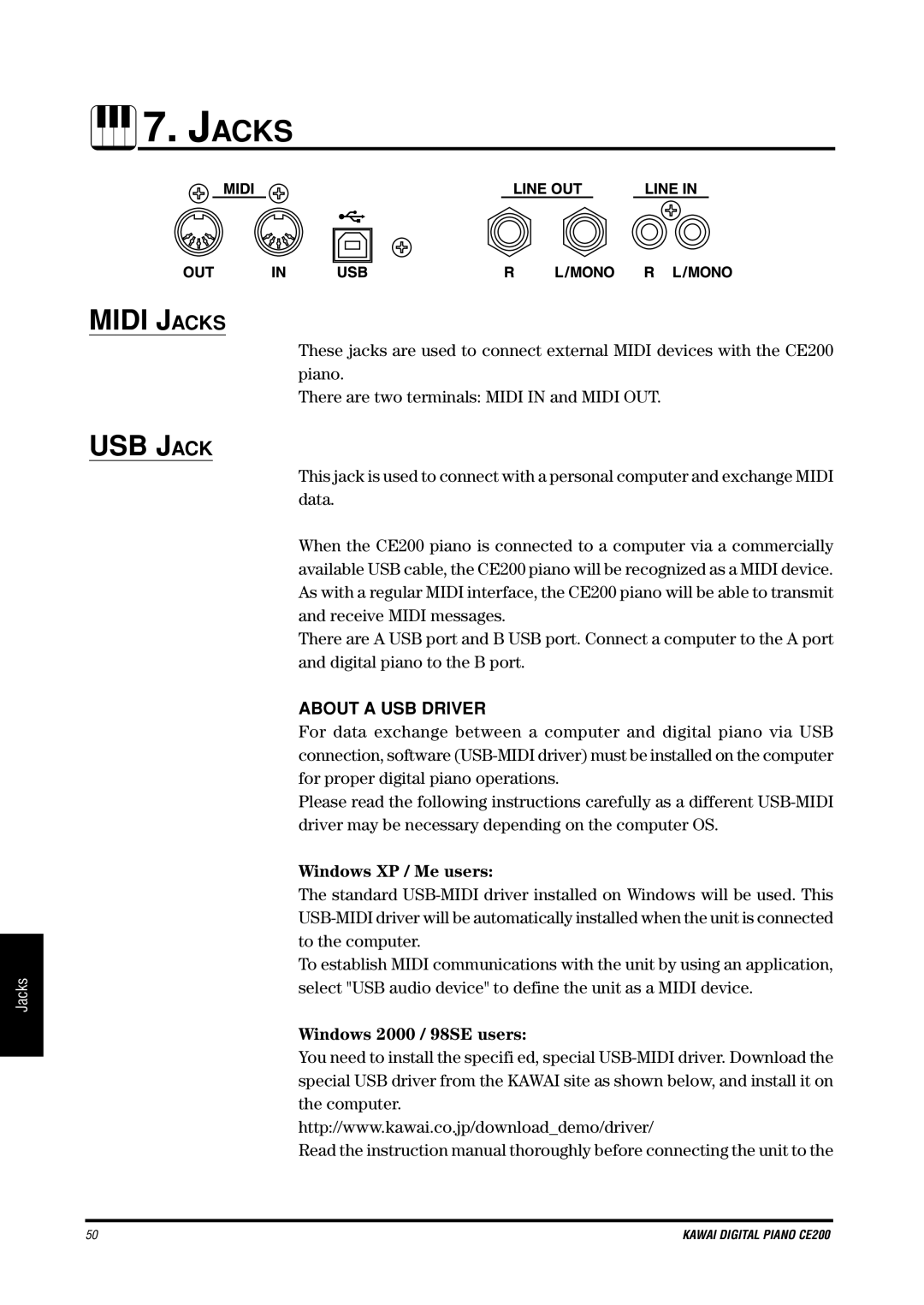 Kawai CE200 manual About a USB Driver, Windows XP / Me users, Windows 2000 / 98SE users 