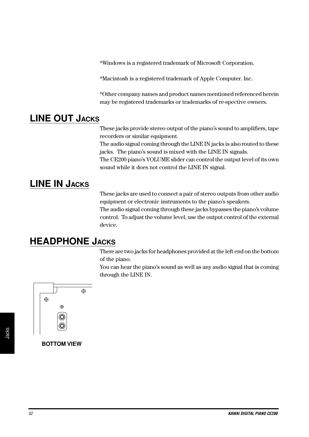 Kawai CE200 manual Line OUT Jacks, Bottom View 