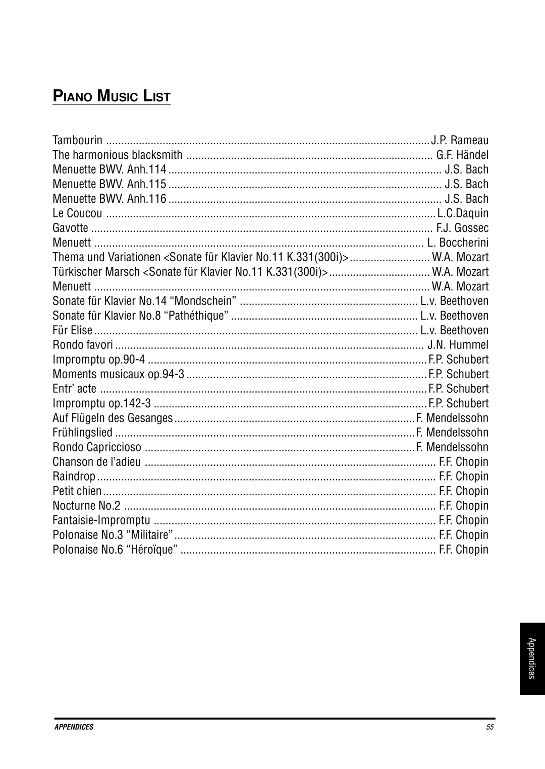 Kawai CE200 manual Piano Music List 