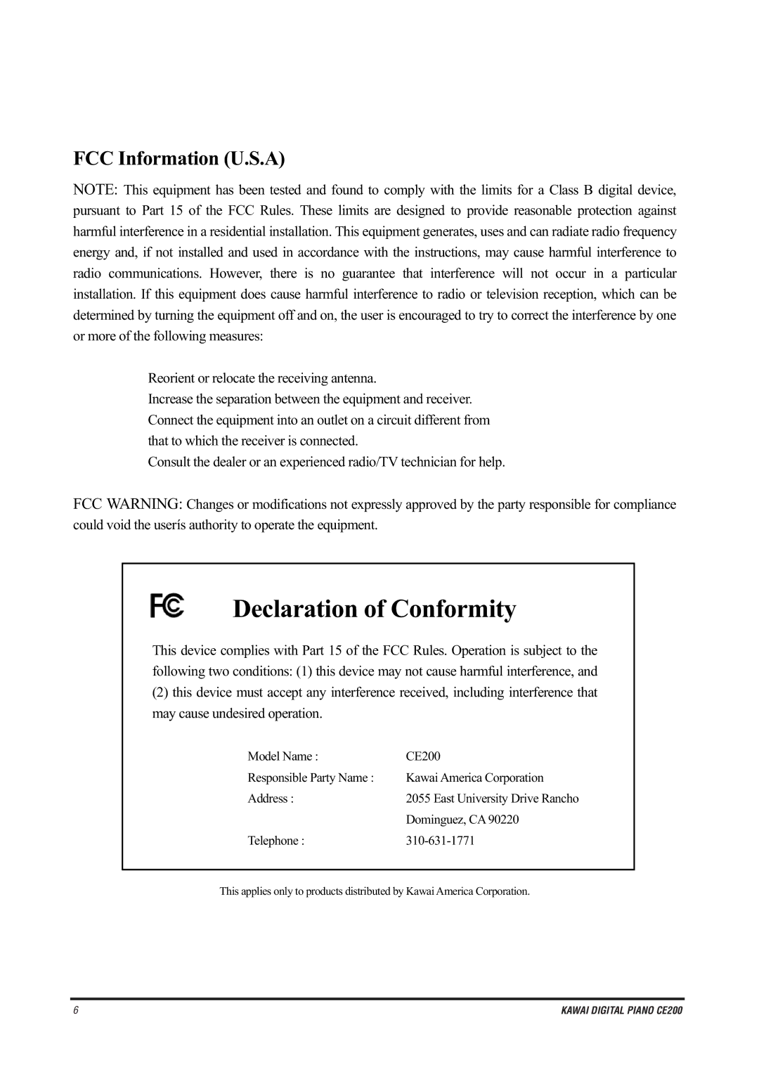 Kawai CE200 manual Declaration of Conformity 