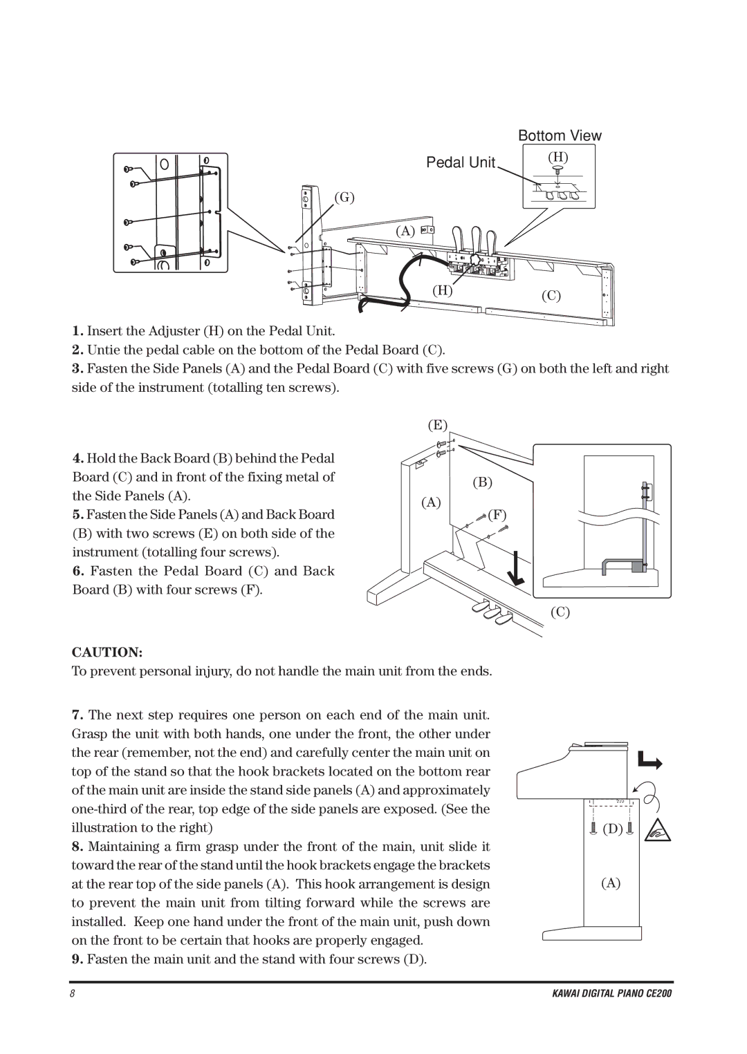 Kawai CE200 manual Bottom View Pedal Unit, Fasten the main unit and the stand with four screws D 