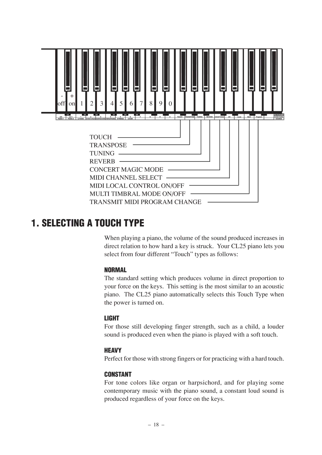 Kawai CL25 manual Selecting a Touch Type, Normal, Light, Heavy, Constant 