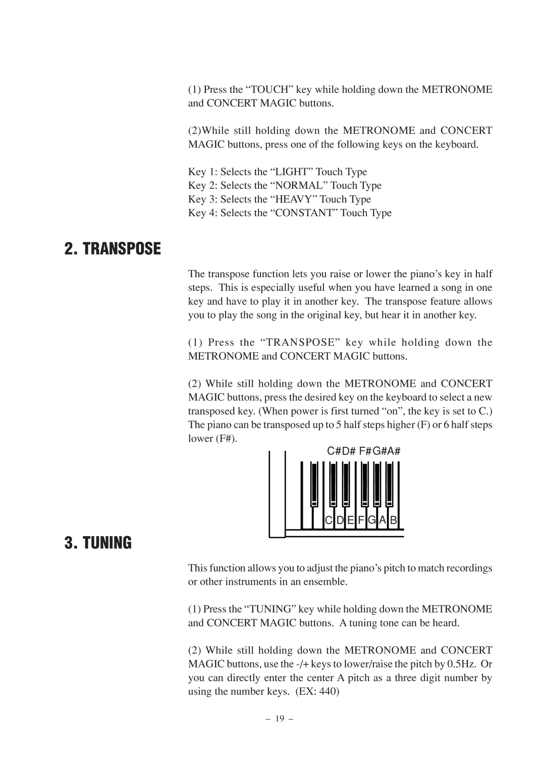 Kawai CL25 manual Transpose, Tuning 