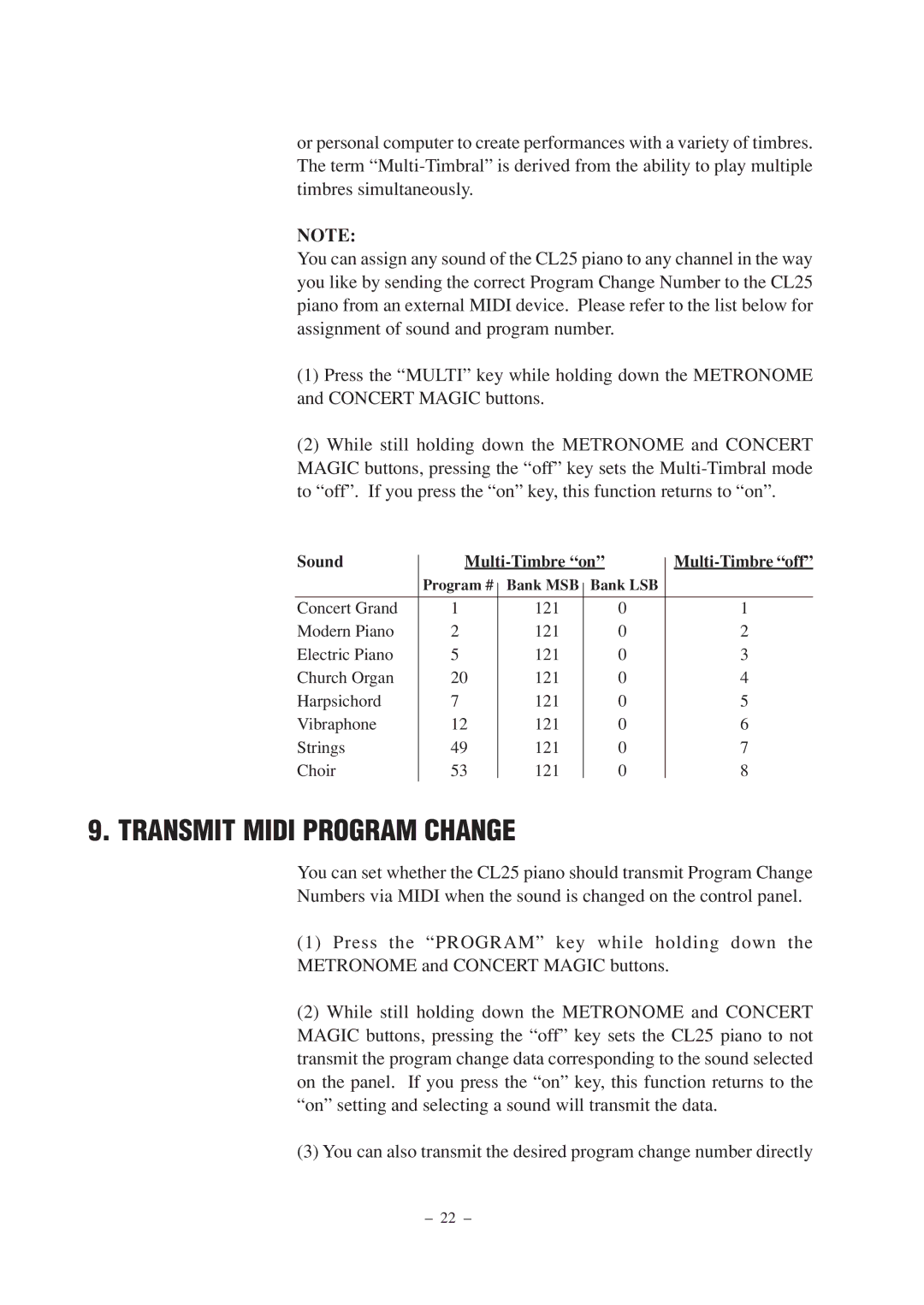 Kawai CL25 manual Transmit Midi Program Change, Sound Multi-Timbre on 