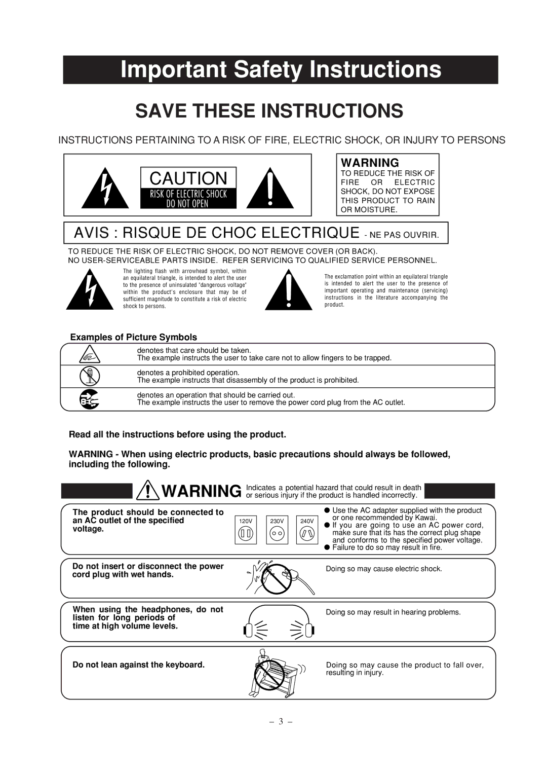 Kawai CL25 manual Important Safety Instructions 