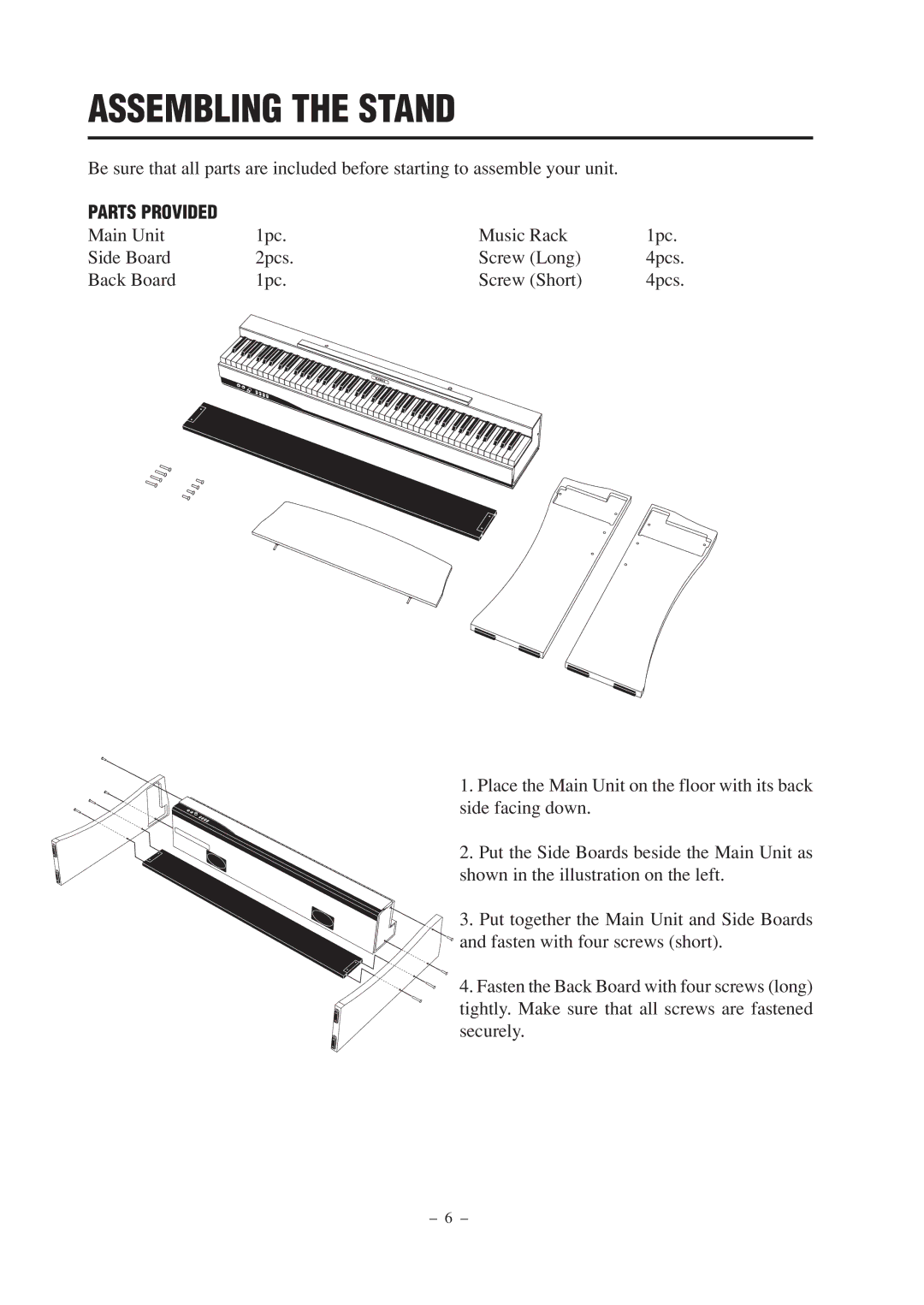 Kawai CL25 manual Assembling the Stand, Parts Provided 