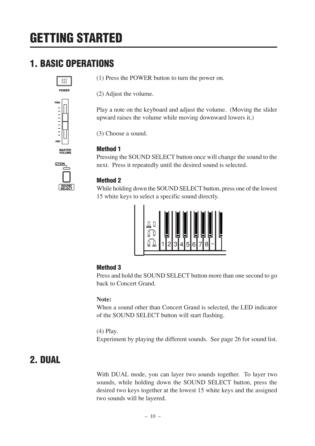 Kawai CN2 manual Getting Started, Basic Operations, Dual, Method 