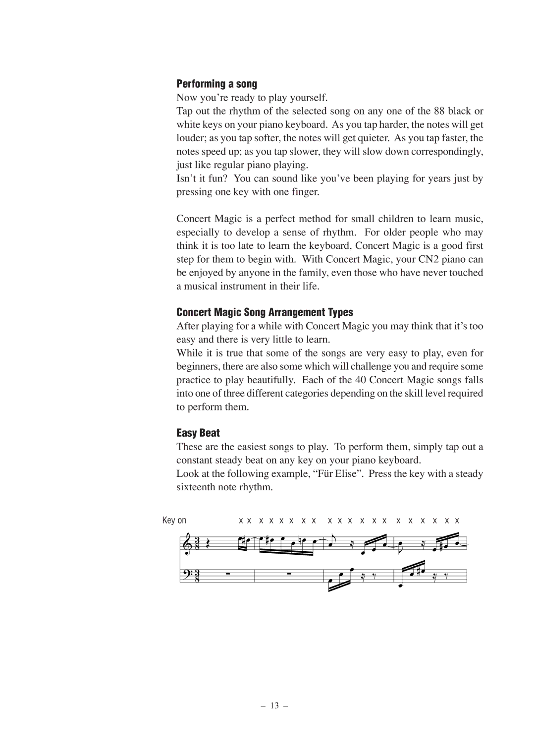 Kawai CN2 manual Performing a song, Concert Magic Song Arrangement Types, Easy Beat 