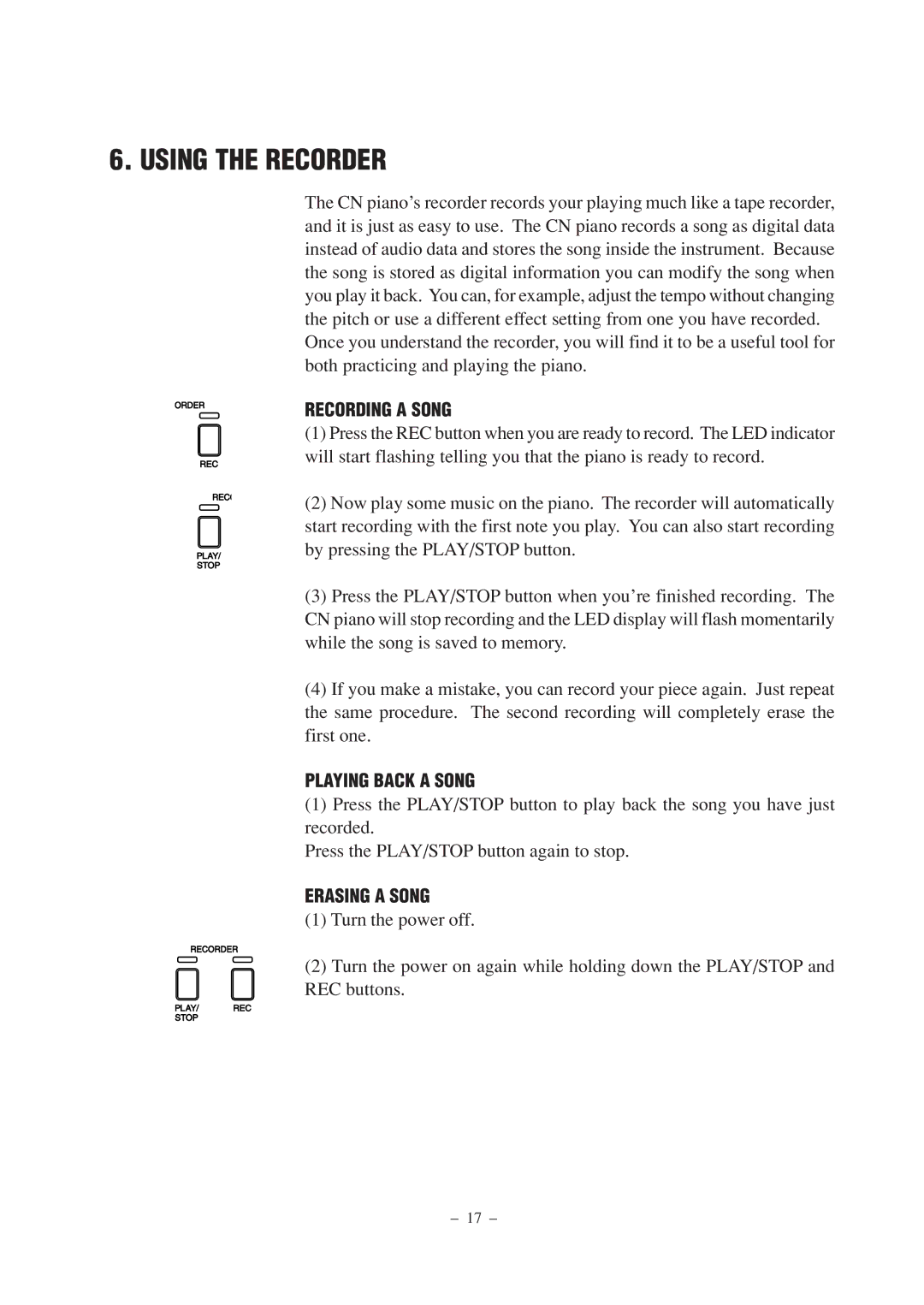 Kawai CN2 manual Using the Recorder, Recording a Song, Playing Back a Song, Erasing a Song 