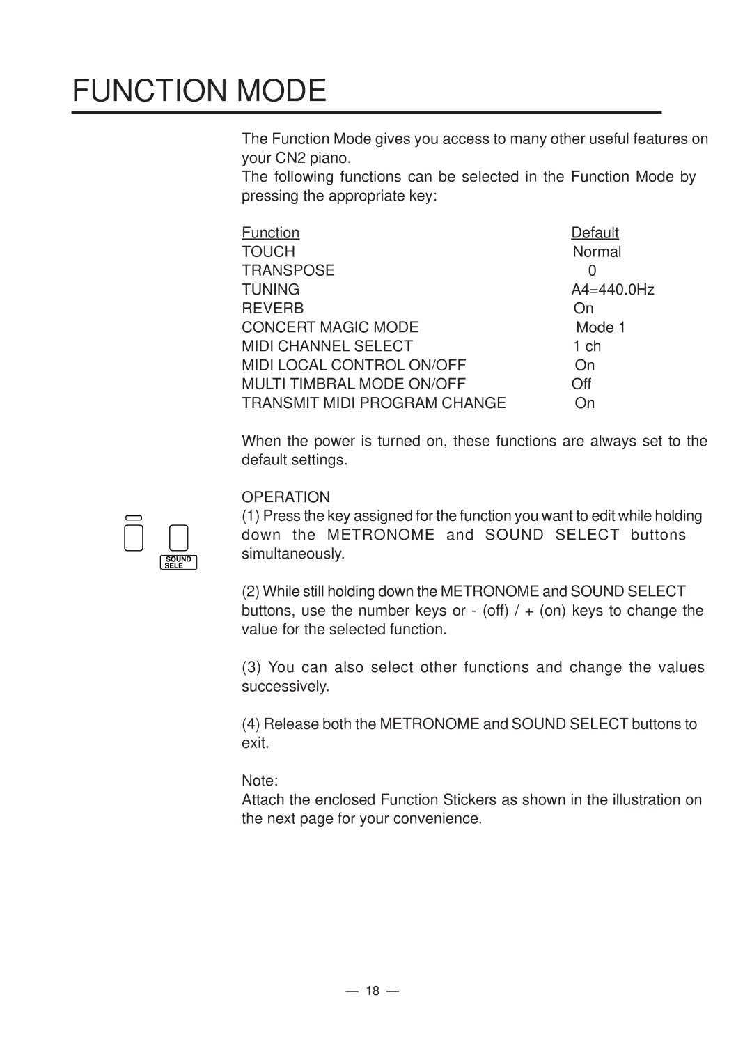 Kawai CN2 manual Function Mode, Operation 