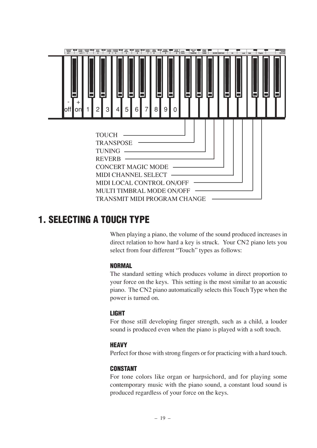 Kawai CN2 manual Selecting a Touch Type, Normal, Light, Heavy, Constant 