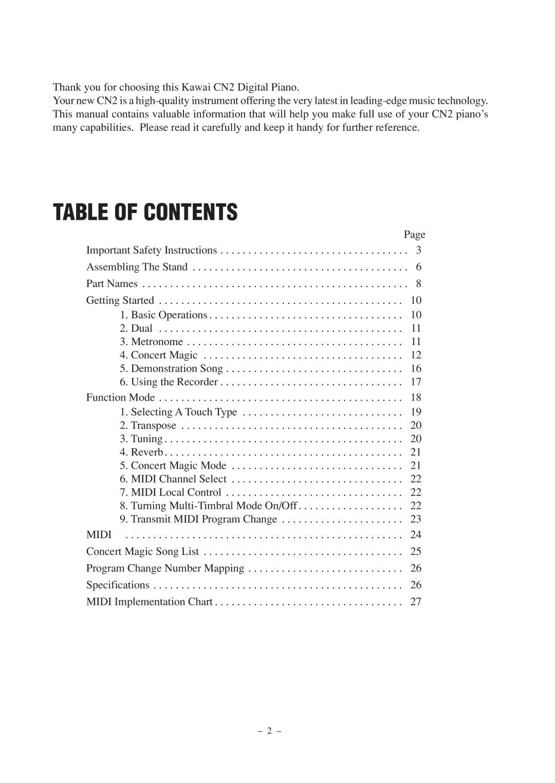 Kawai CN2 manual Table of Contents 