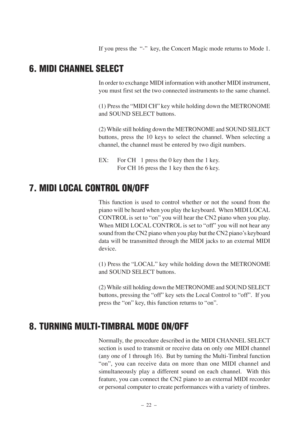 Kawai CN2 manual Midi Channel Select, Midi Local Control ON/OFF, Turning MULTI-TIMBRAL Mode ON/OFF 