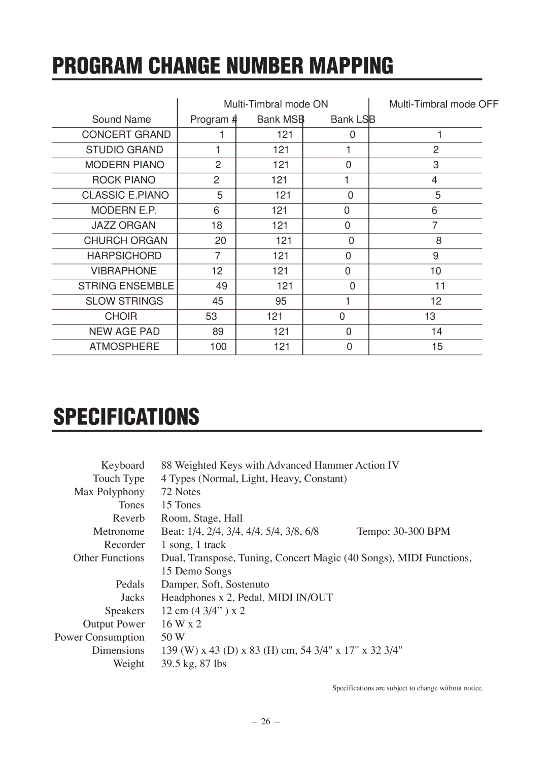 Kawai CN2 manual Program Change Number Mapping, Specifications 