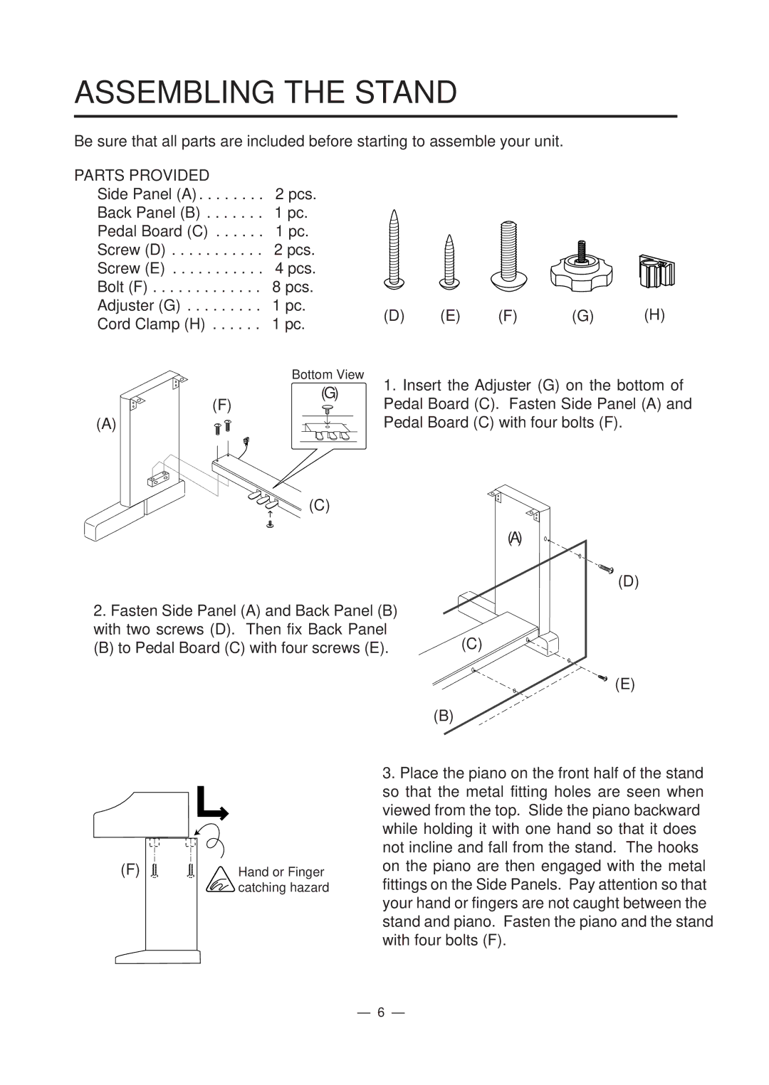 Kawai CN2 manual Assembling the Stand, Parts Provided 