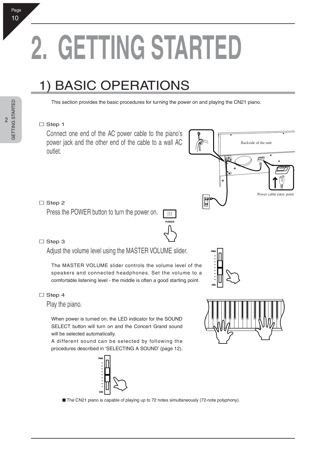 Kawai CN21 manual Basic Operations, Press the Power button to turn the power on, Play the piano, Step 