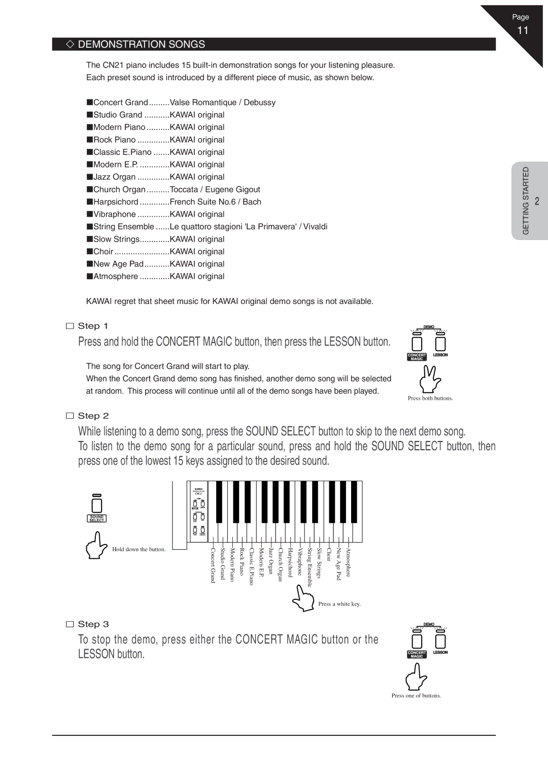 Kawai CN21 manual ‘ Demonstration Songs, Song for Concert Grand will start to play 