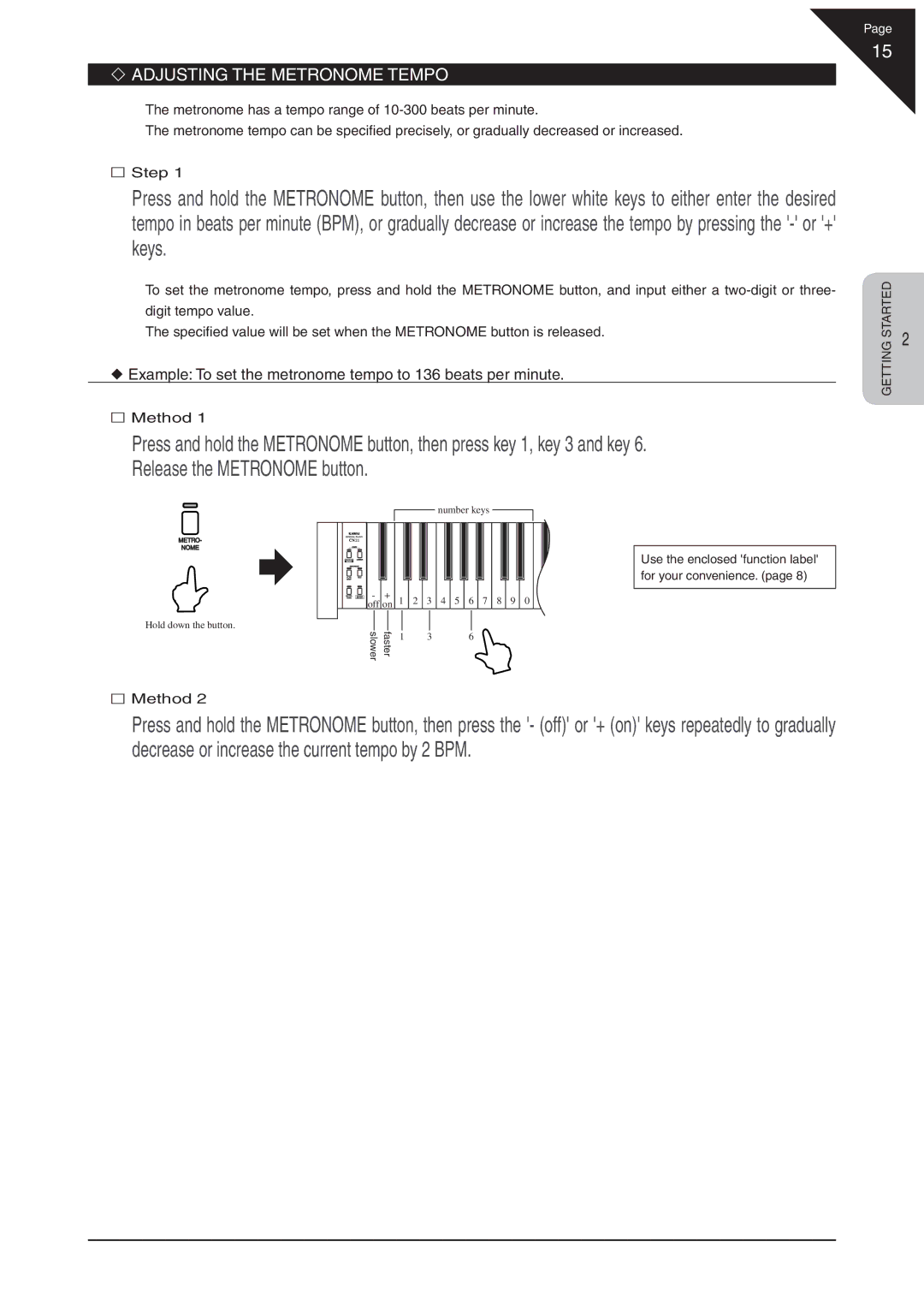 Kawai CN21 manual ‘ Adjusting the Metronome Tempo, Method 